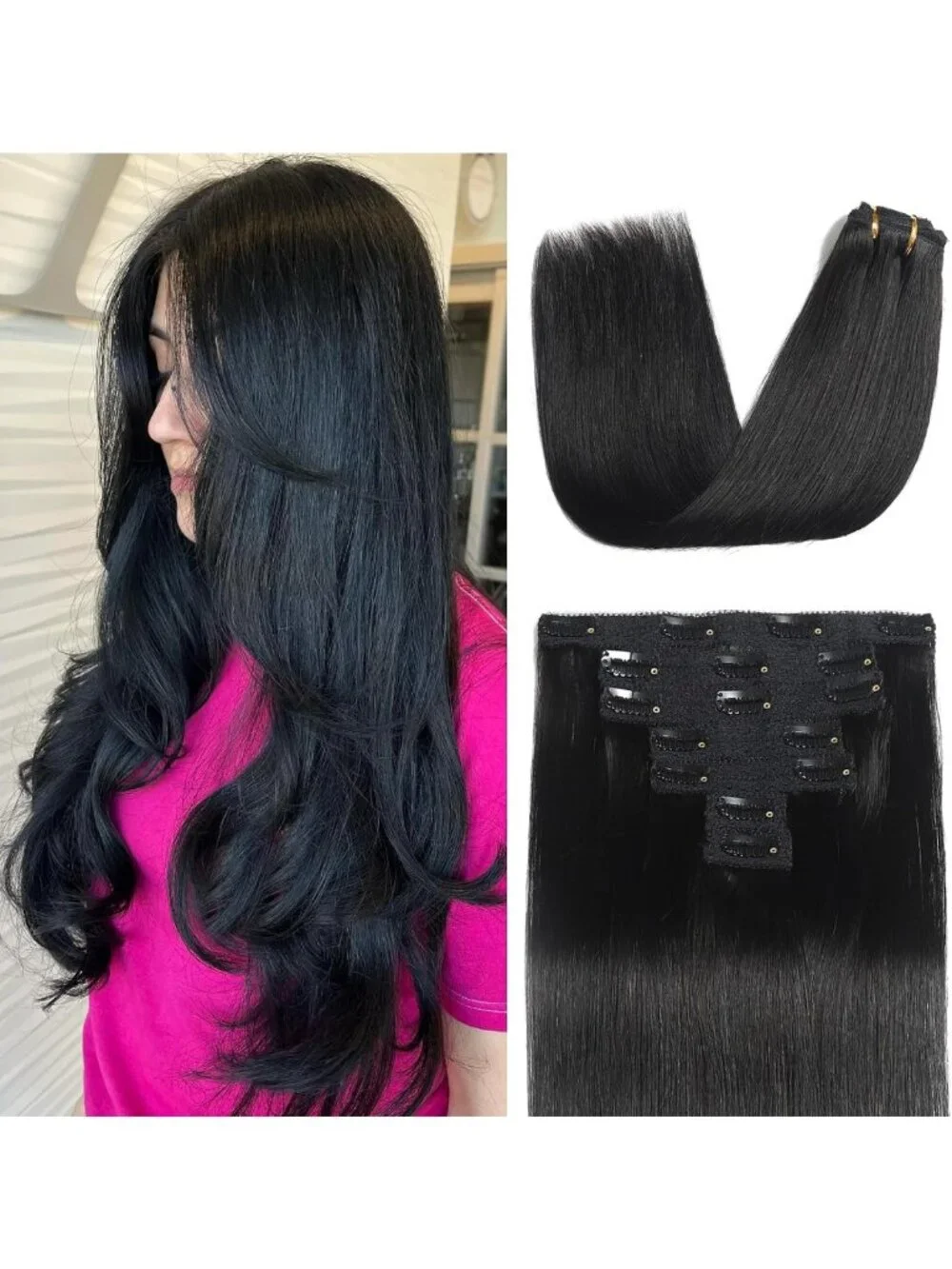 16 Inch Clip-In Real Human Hair Extensions - Soft Remy, Natural Black, 7pcs